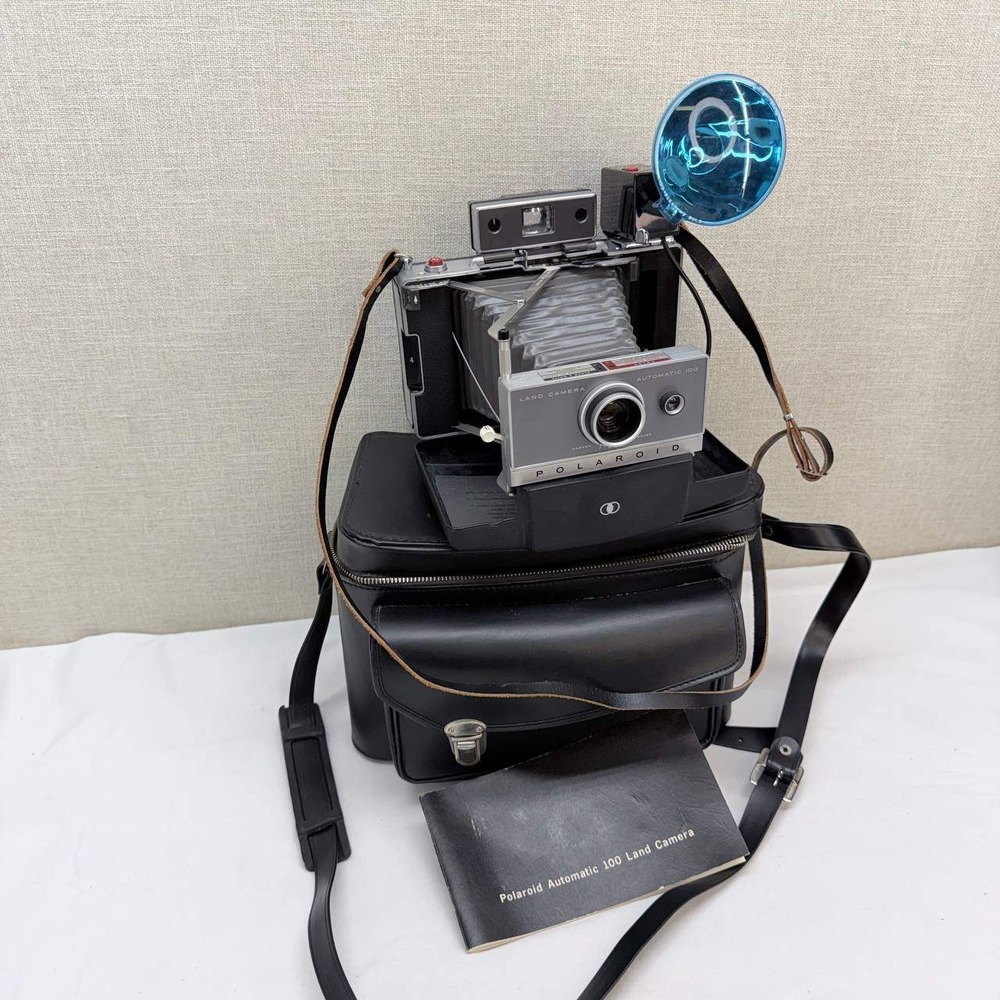 Vintage Polaroid Automatic 100 Land Camera Kit with Flash Case Tripod Bulbs
